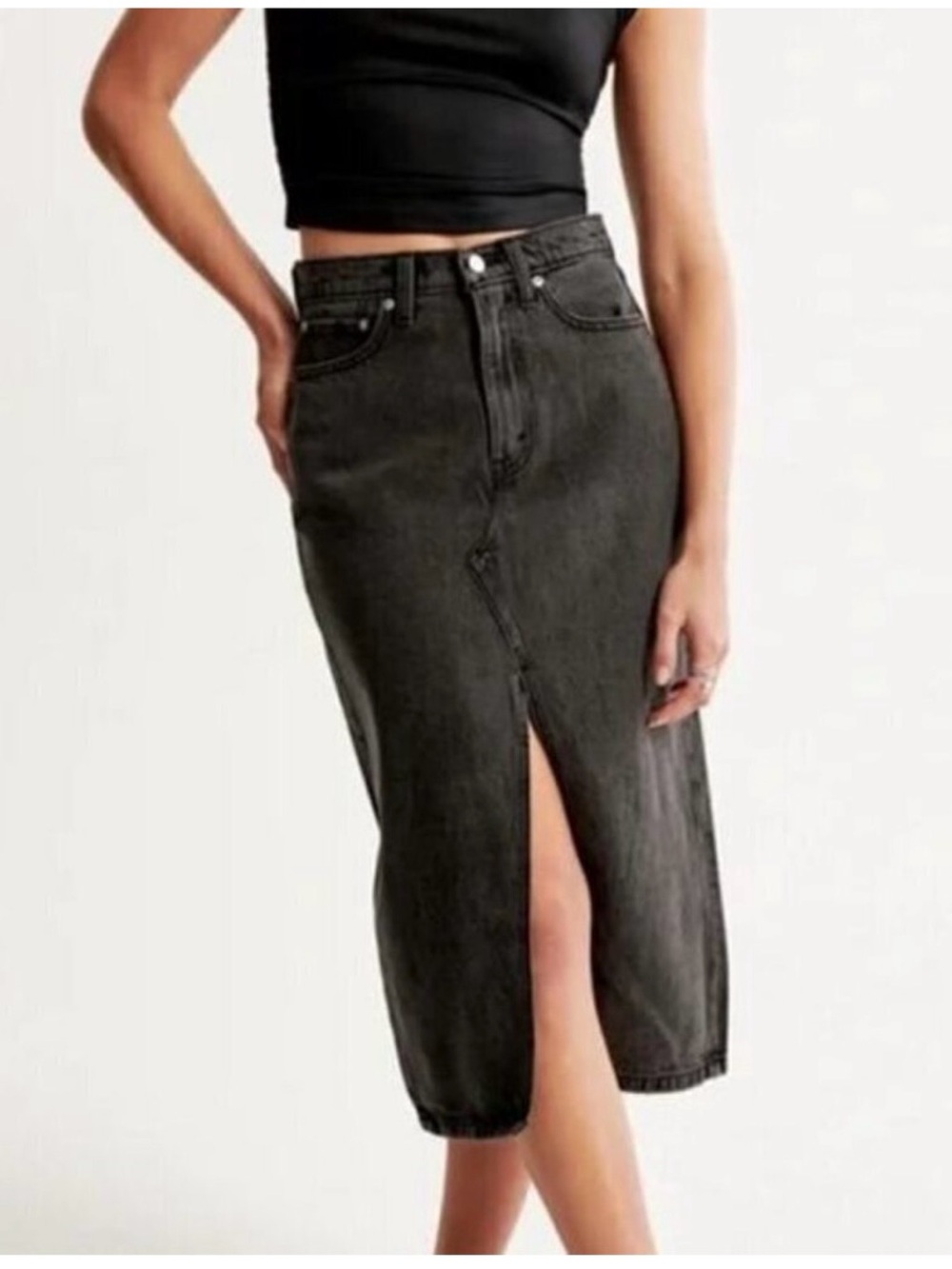 Abercrombie High Rise Denim Midi Skirt with Front Slit